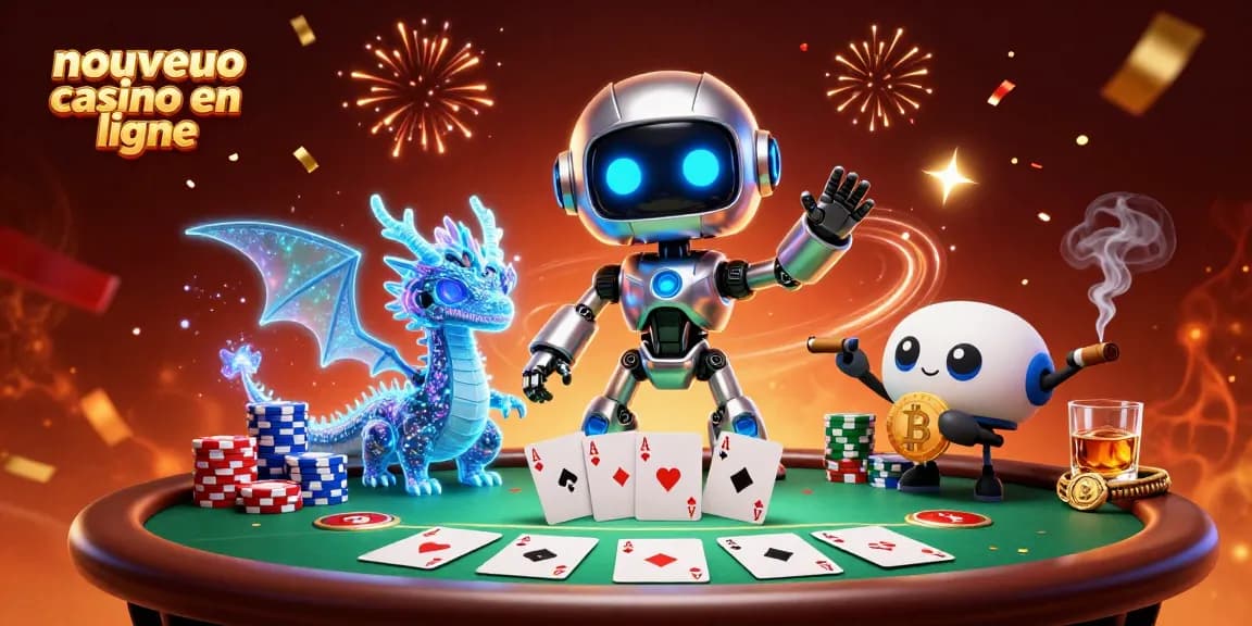Jouer au nouveau casino en ligne avec un robot cybernétique et un dragon AI, entourés de jetons et de cartes.