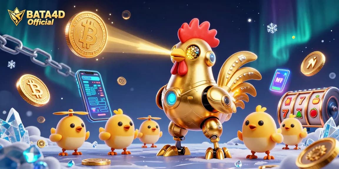 BATA4D Official showcases an exciting scene with golden rooster robot and crypto elements in a vibrant casino illustration.