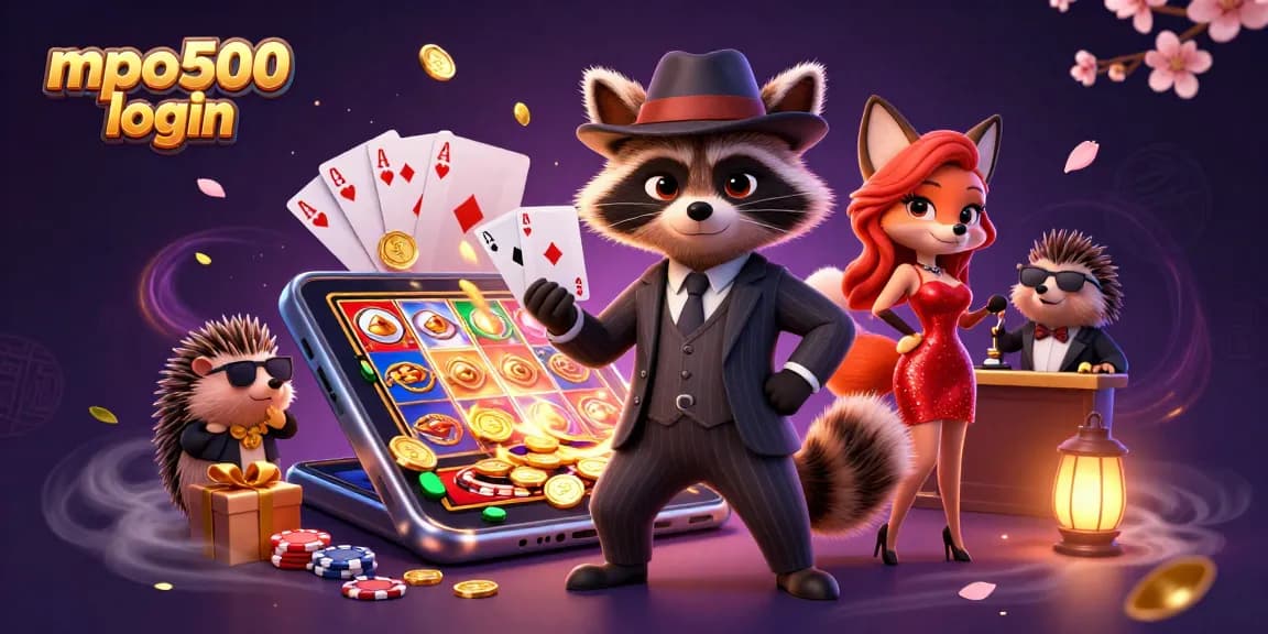 Experience mpo500 login excitement with casino-themed characters enjoying slots and card games!
