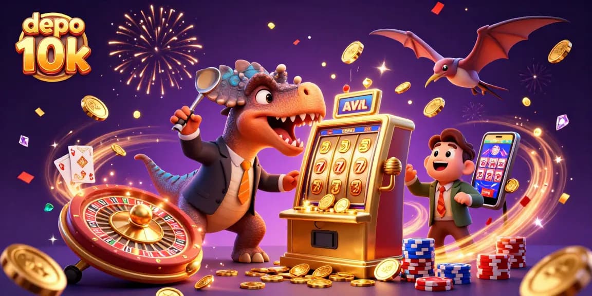 Permainan slot gacor di depo 10k, dengan dinosaurus beraksi, koin emas berhamburan, dan banyak keseruan di kasino.