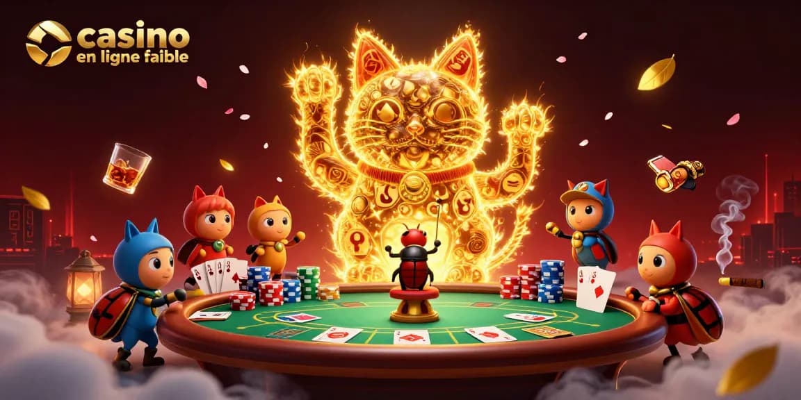 Admirez un chat chanceux fait de lucioles dorées, symbolisant un casino en ligne fiable, dans une scène de poker vibrante.