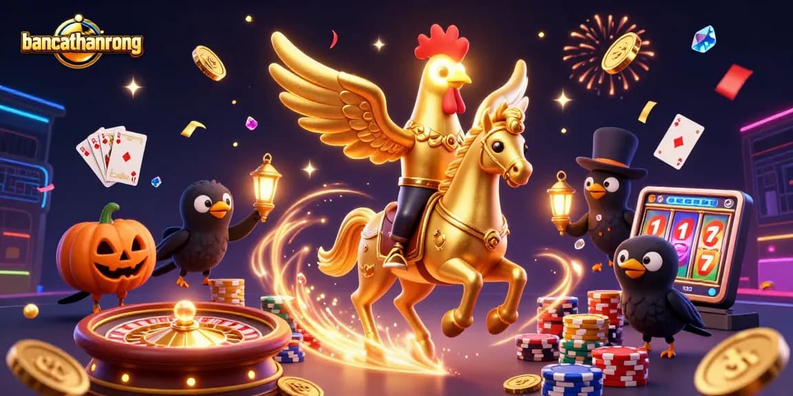 bancathanrong's golden rooster rides a spectral horse in a vibrant casino scene filled with coins and cards.