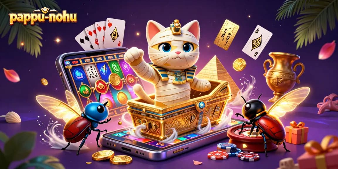 Pappu-nohu showcases a lively scene with a mummy cat and gaming elements exploding with excitement and color.