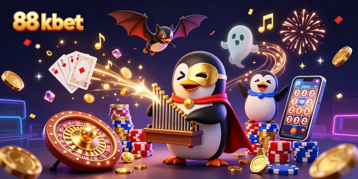 Experience 88 kbet with a vibrant 3D casino scene showcasing thrilling games and golden coins.