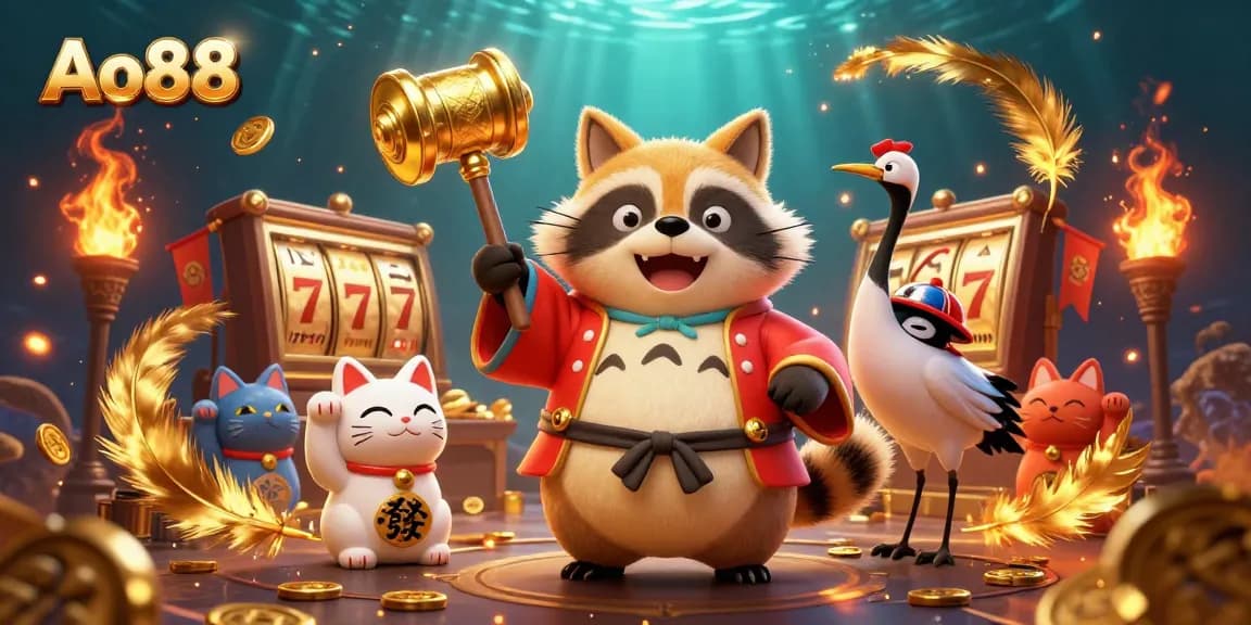 Experience excitement and fun at Ao88 with colorful tanuki amidst casino treasures.