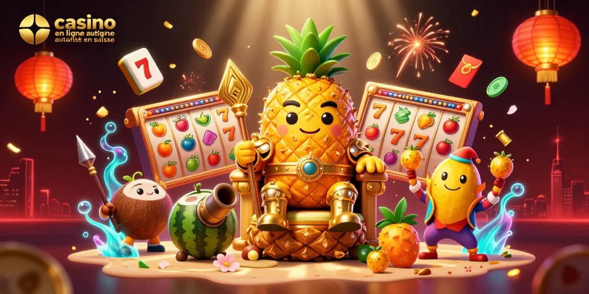 Immersion dans le monde du casino en ligne autorisé en Suisse avec des personnages colorés et des éléments de jeu captivants.