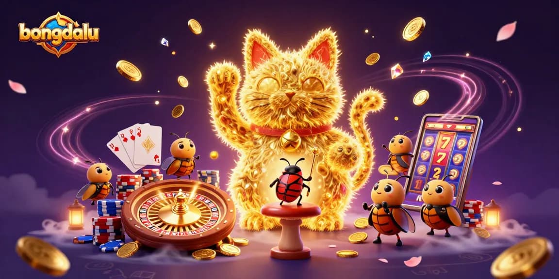 Engage with bongdalu's 3D lucky cat illustration surrounded by casino symbols and dynamic elements.