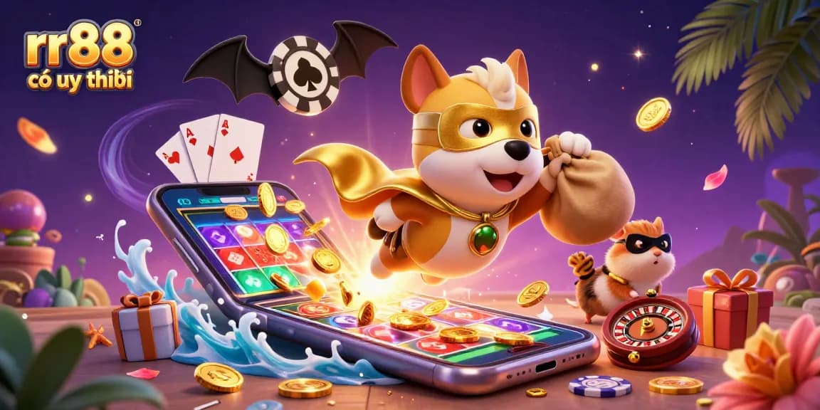 rr88 có uy tín showcases a superhero dog and sidekick in a vibrant 3D casino-themed scene