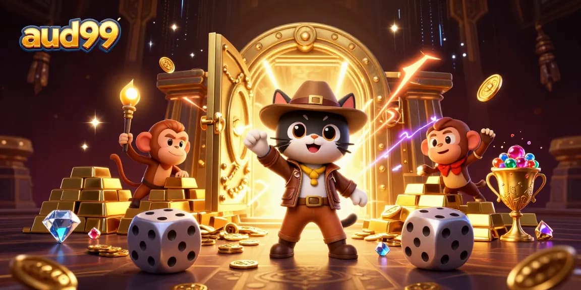 Win big with AUD99 in a vibrant casino scene featuring an explorer cat and a monkey companion.
