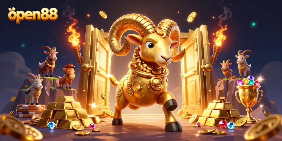 open88 features a golden ram charging toward a treasure vault, surrounded by luxurious casino elements.