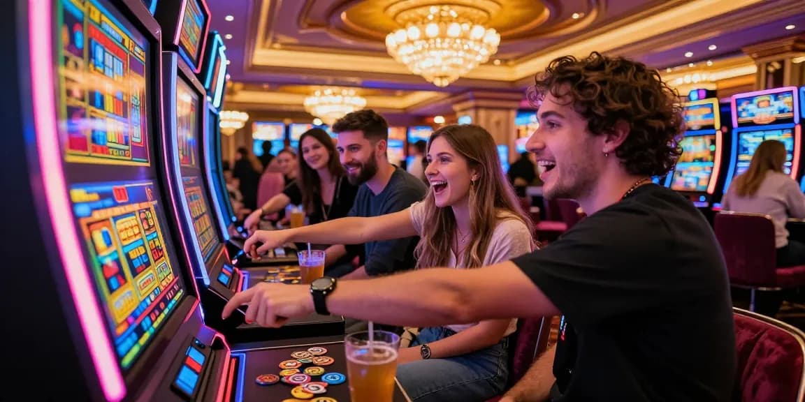 Friends enjoying gaming experience at we88 PGSLOT slot machine in a lively casino atmosphere.