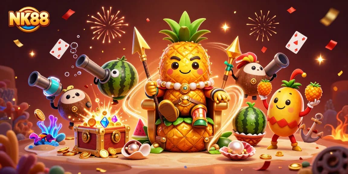 Win big at NK88 with vibrant casino-themed 3D illustration showcasing exciting gaming elements.