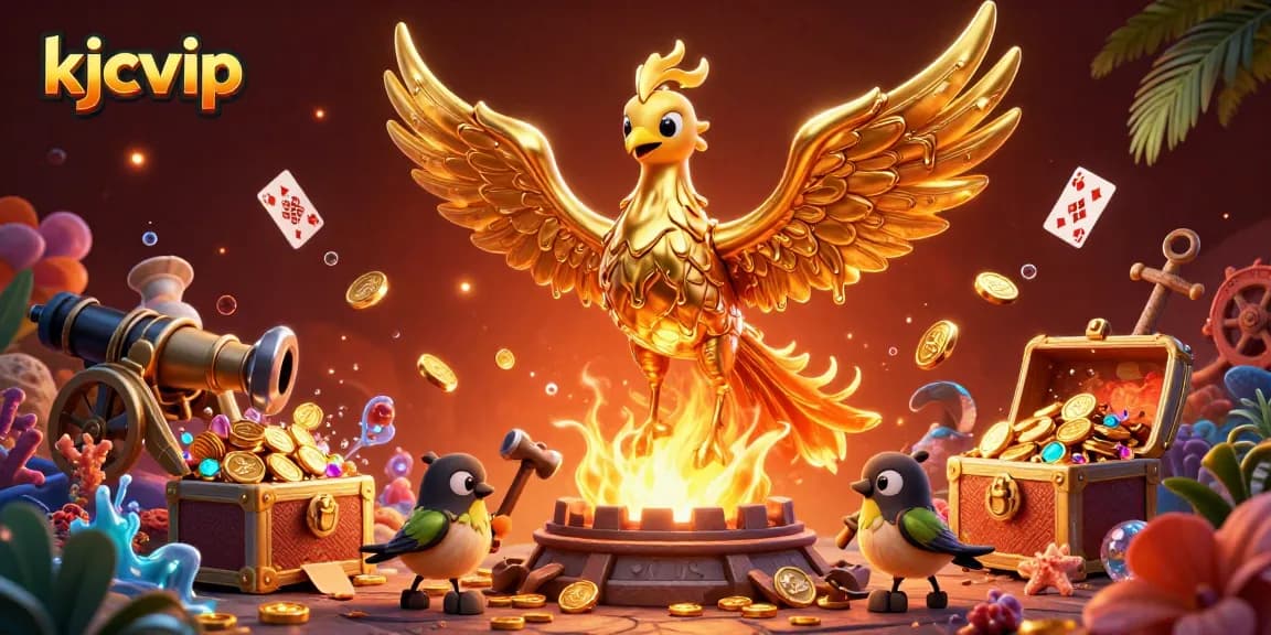 KJC VIP showcases a golden phoenix among dynamic casino treasures, illustrating vibrant gaming experiences.