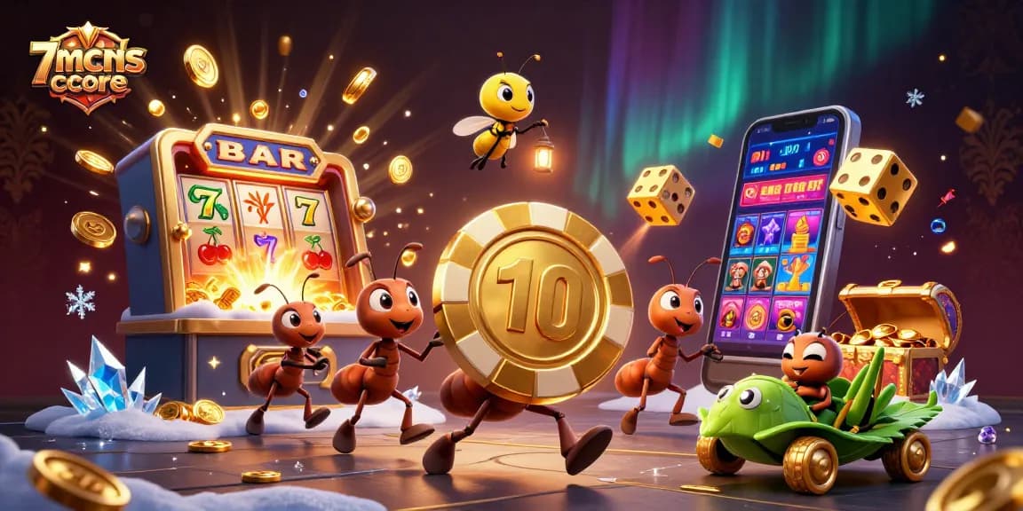 7mcnscore showcases ants stealing a giant poker chip amidst vibrant casino elements.