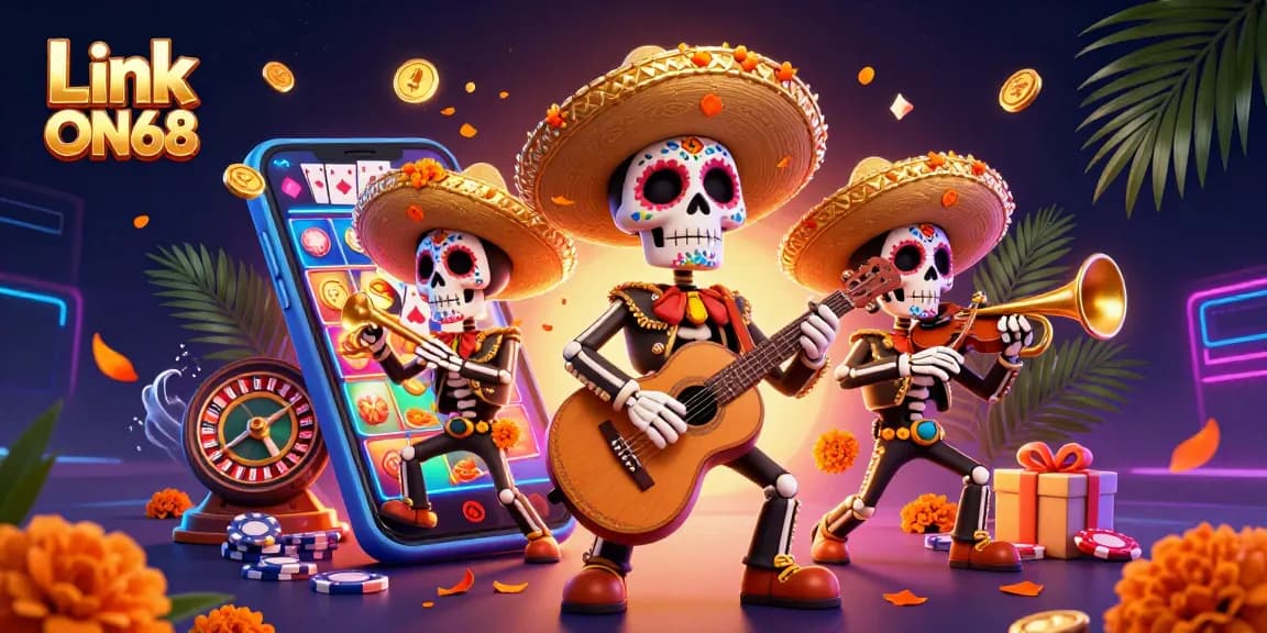 Play exciting games at Link ON68 with a vibrant casino-themed 3D illustration showcasing mariachi skeletons.