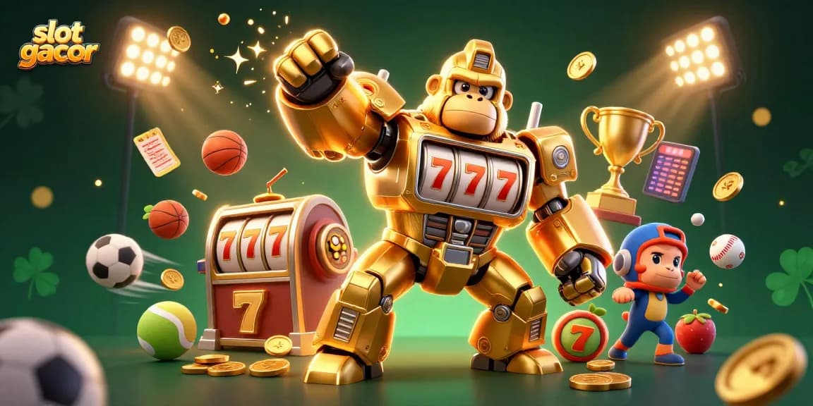 Engage with slot gacor gaming action in a vibrant 3D illustration showcasing exciting casino elements.