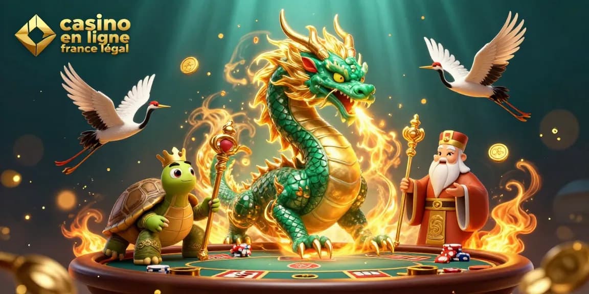 Jouez dans un casino en ligne légal en France, avec un dragon et une tortue sage en 3D.