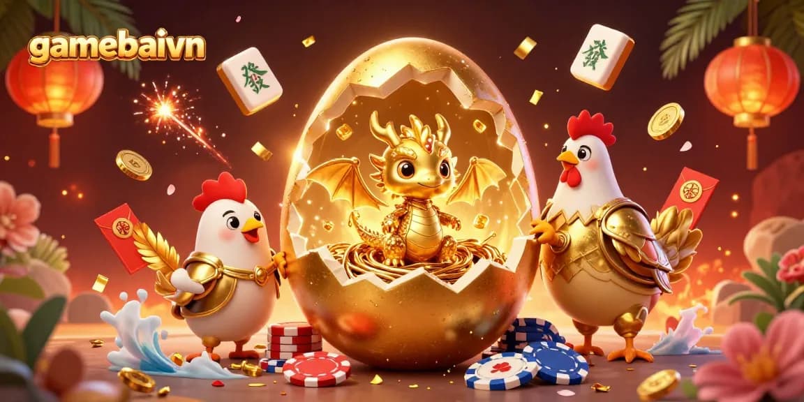 Gamebaivn showcases a golden dragon among poker chips in a vibrant casino-themed scene.