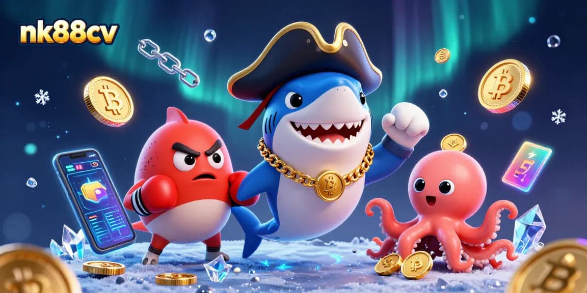 Engage with nk88cv as the cartoon shark navigates gold coins in thrilling online gambling.