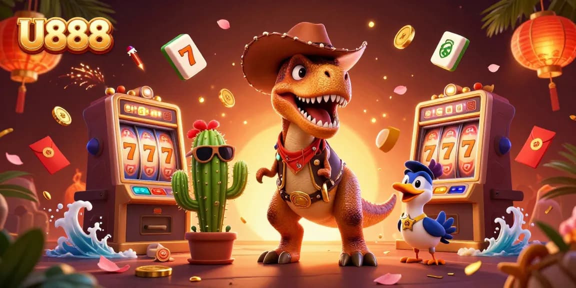 U888 showcases dynamic casino action with a cartoon dinosaur and friends amidst slot games.