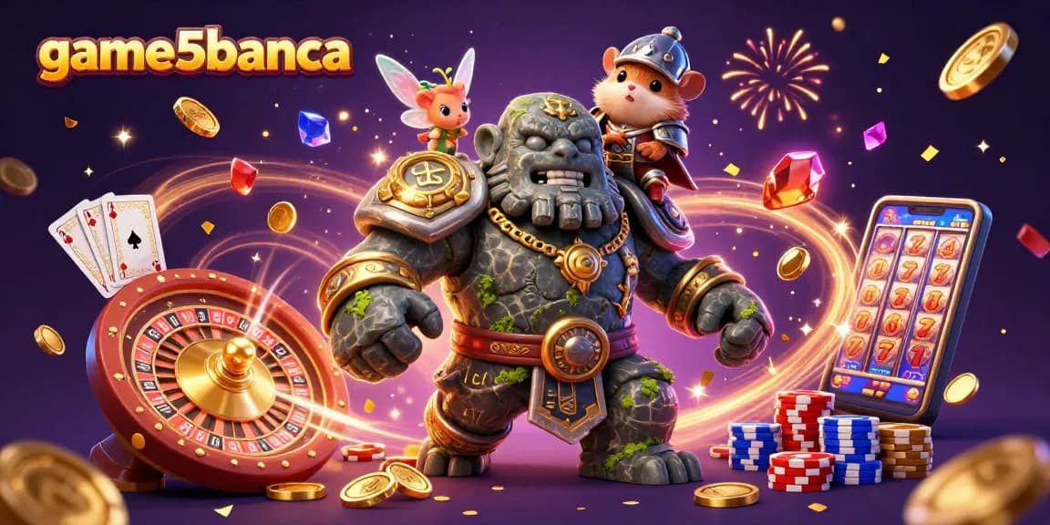 Win big with game5banca featuring a golem guardian, fairy, and hamster knight in a magical casino.