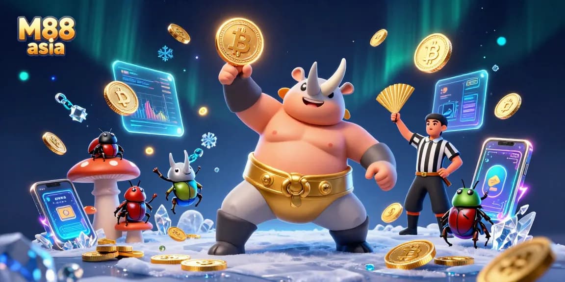 M88 asia features a vibrant 3D scene with a beetle champion, sports elements, and cryptocurrency coins.