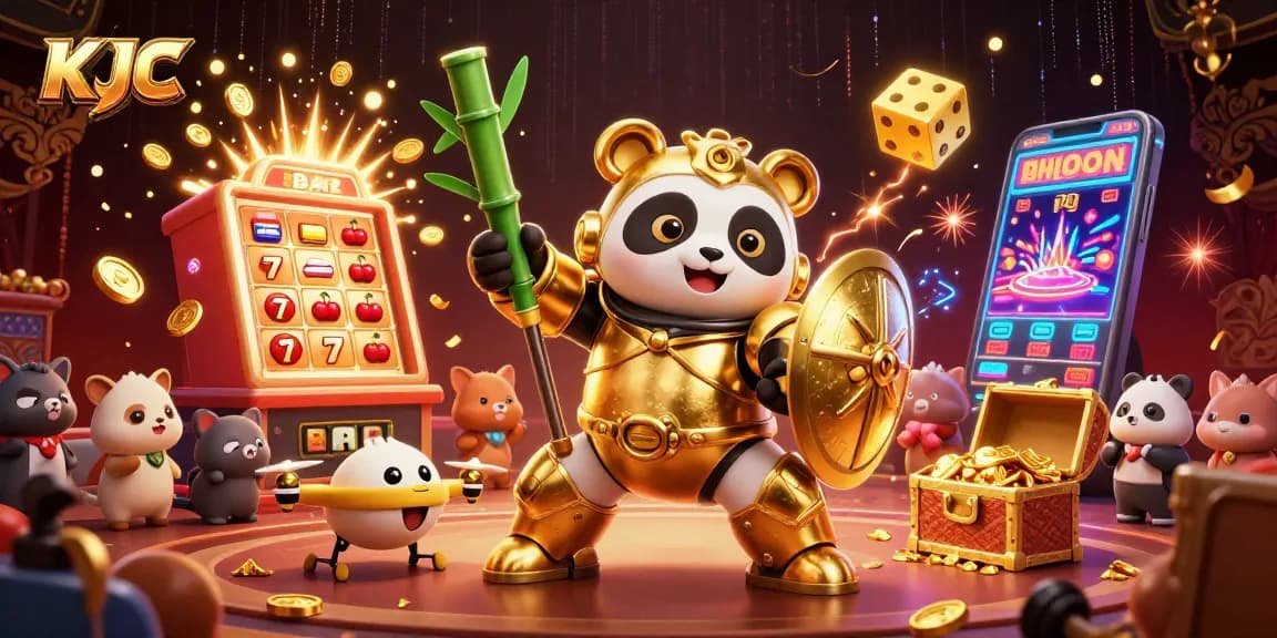 KJC brings excitement to online gaming with a vibrant 3D scene featuring a mech-suit panda in a lively casino environment.