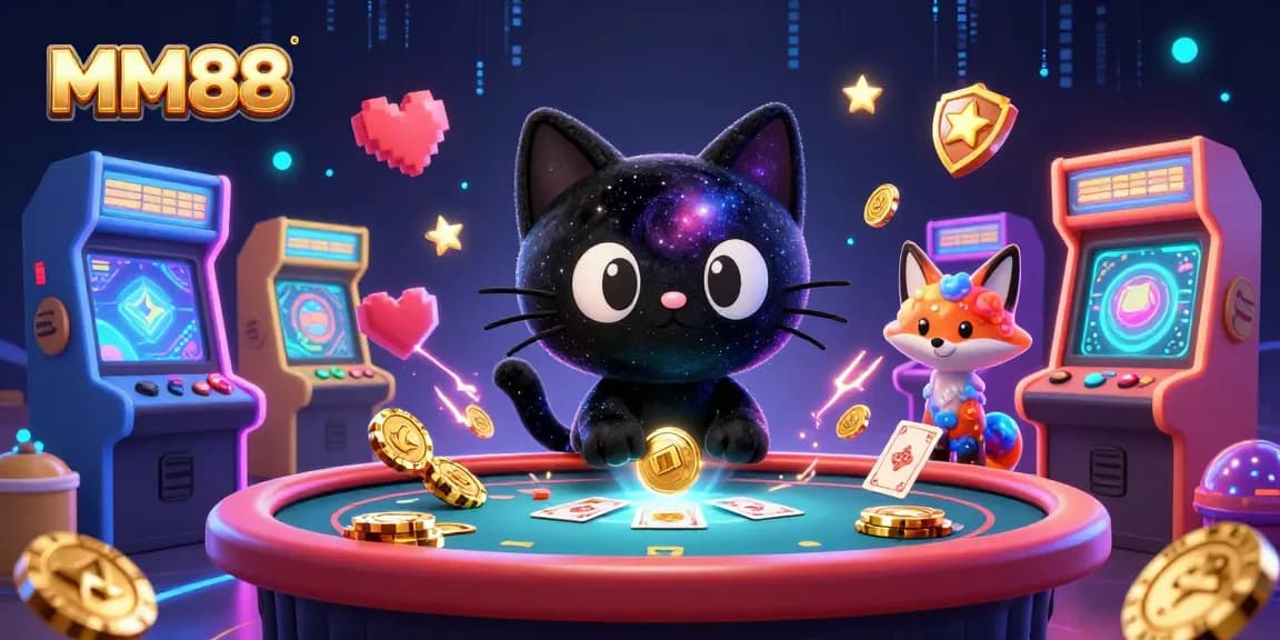 Engage with MM88's exciting casino experience as a whimsical black hole cat draws in golden chips amidst vibrant gaming elements.