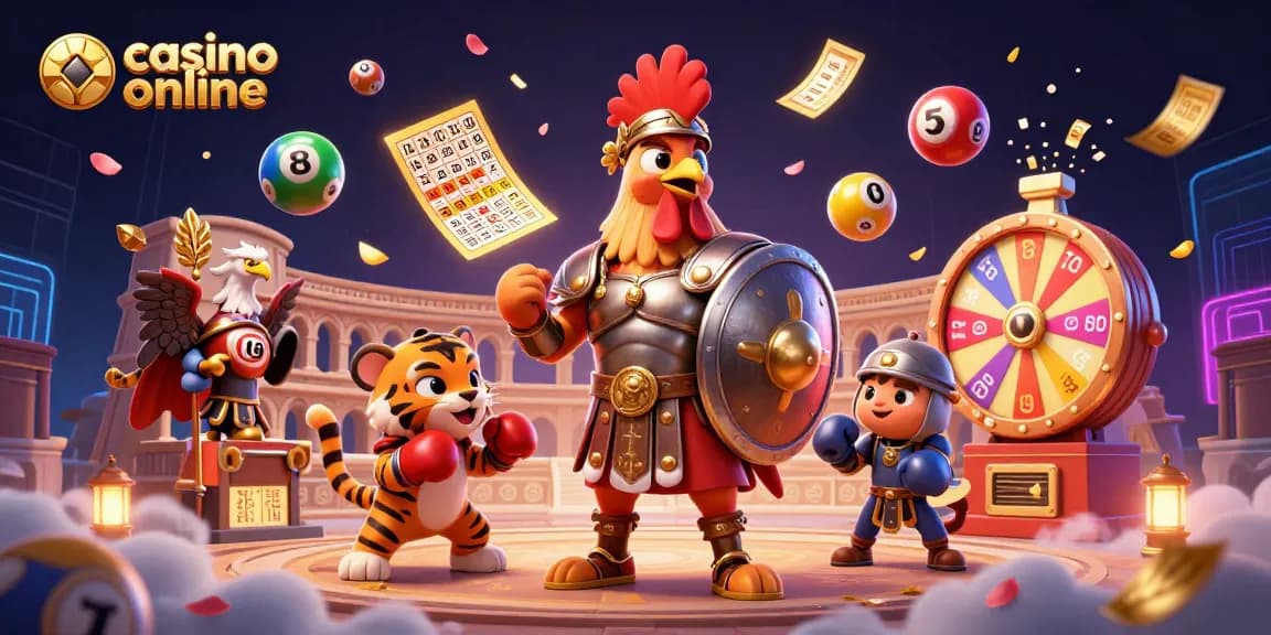 Experience the excitement of casino online gaming with vibrant games and characters in a dynamic scene.