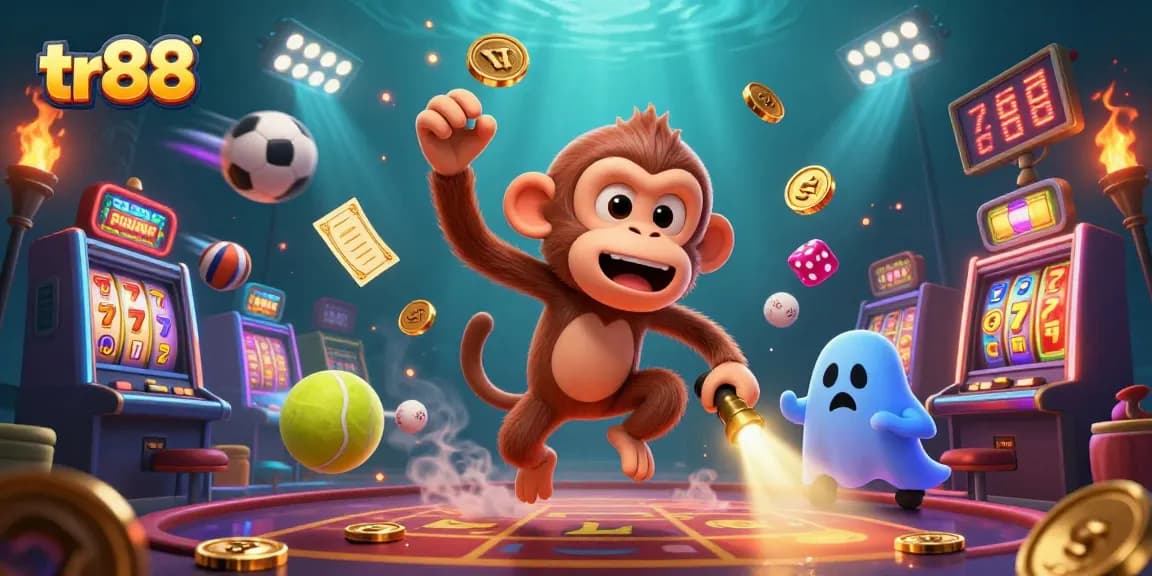 Experience the thrill at TR88 with a mischievous monkey juggling gold in an exciting casino scene.