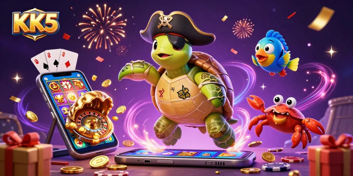 Join the fun at KK5 with a lively scene featuring a turtle and friends celebrating big wins in casino games.
