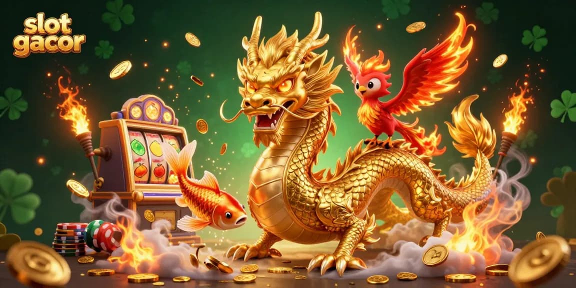 Slot gacor dengan naga emas dan ikan koi melompat di atas koin dalam ilustrasi 3D penuh warna.