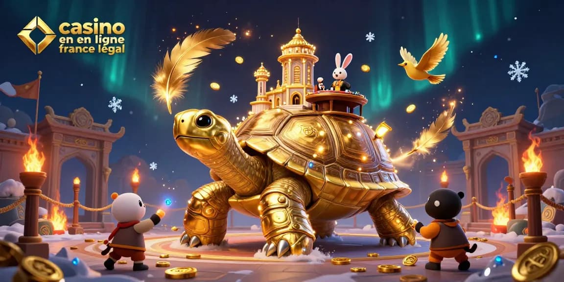 Illustration dynamique de casino en ligne France légal avec tortue dorée et croupier.