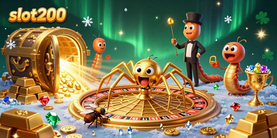 Place bets at slot200 with a whimsical scene featuring a golden spider and vibrant casino elements.