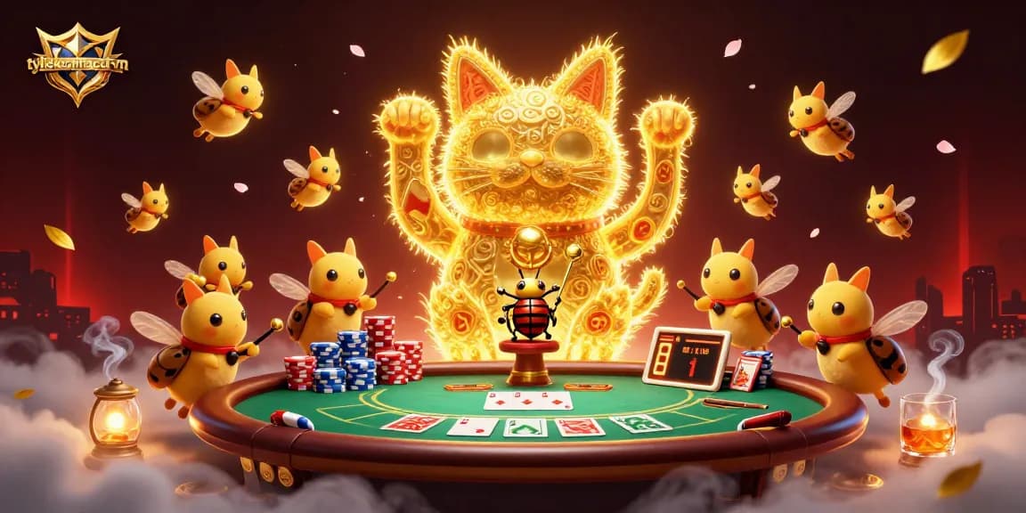 Experience the magic of tylekeonhacai-vn with a lucky cat and poker table in vibrant, dynamic 3D art.