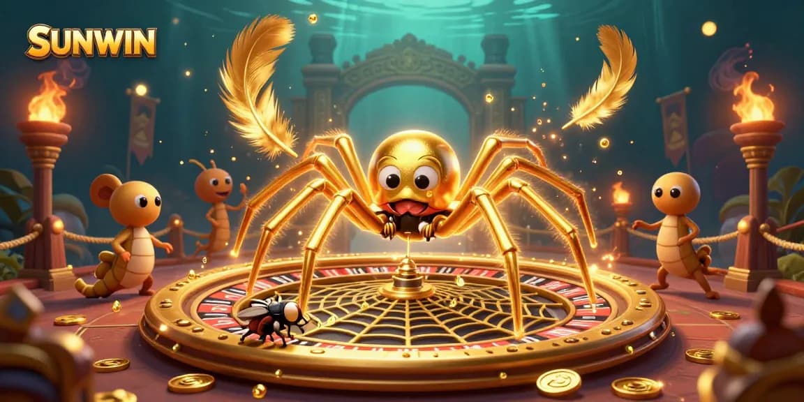 Spin the roulette web with SUNWIN: A cartoon illustration depicting a spider and fly in a thrilling betting scene.
