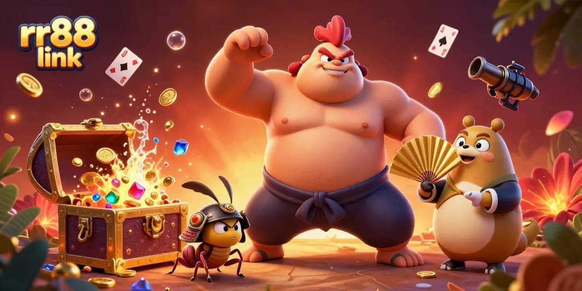Experience the excitement of the rr88 link casino with colorful characters among treasure and vibrant elements.