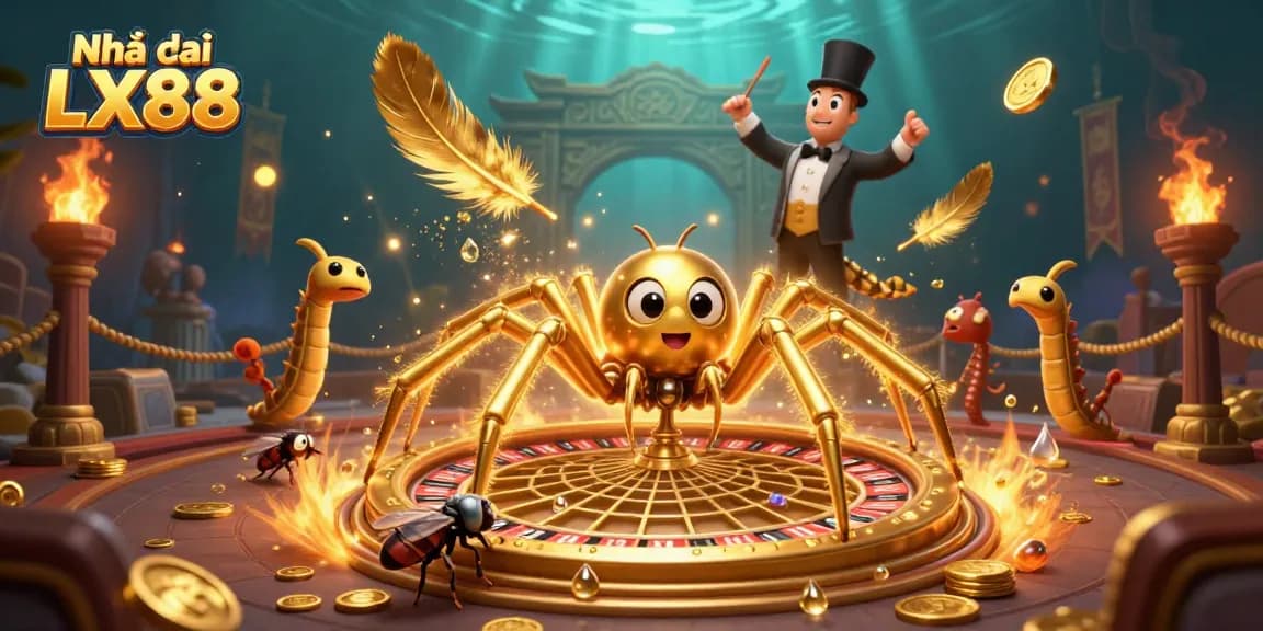 Spin the roulette wheel with Nhà cái LX88 as a golden spider and centipede croupier create a thrilling scene.