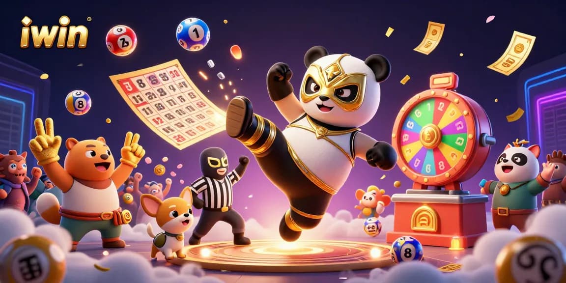 Experience the iwin excitement with a dynamic lottery scene featuring a panda wrestler and a referee chihuahua.