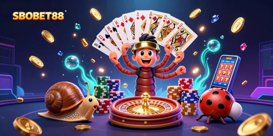 SBOBET88 menampilkan dealer unik dan elemen kasino menarik dalam ilustrasi 3D yang dinamis.