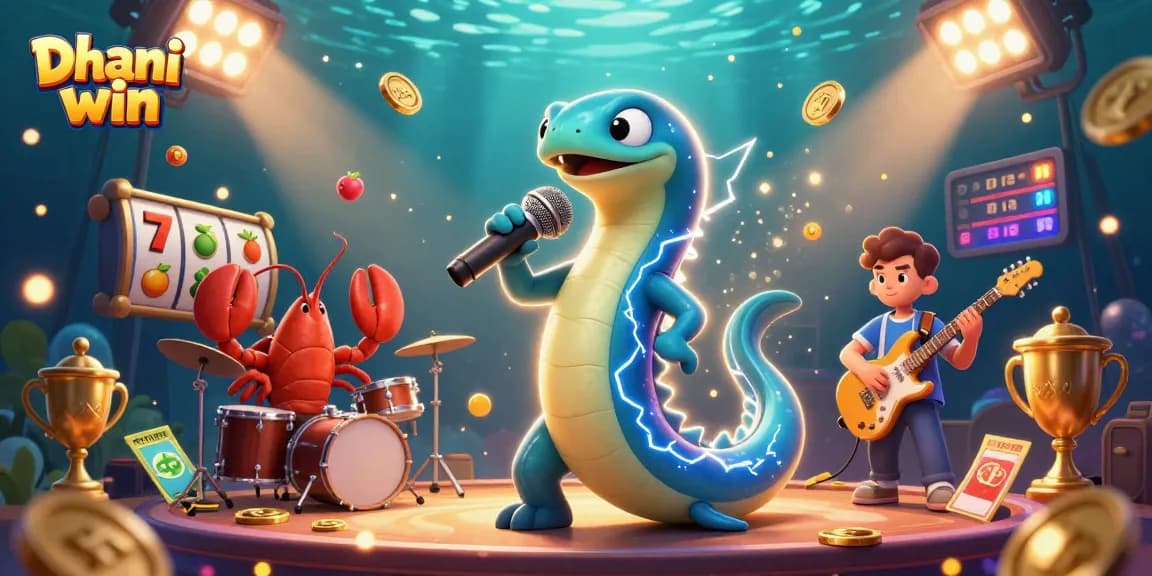 Experience the thrilling Dhani win online gaming atmosphere with electrifying characters and slot elements.