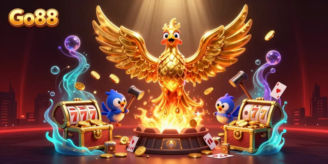 Engage with Go88's thrilling gaming experience, featuring dazzling slots and a golden phoenix in action.