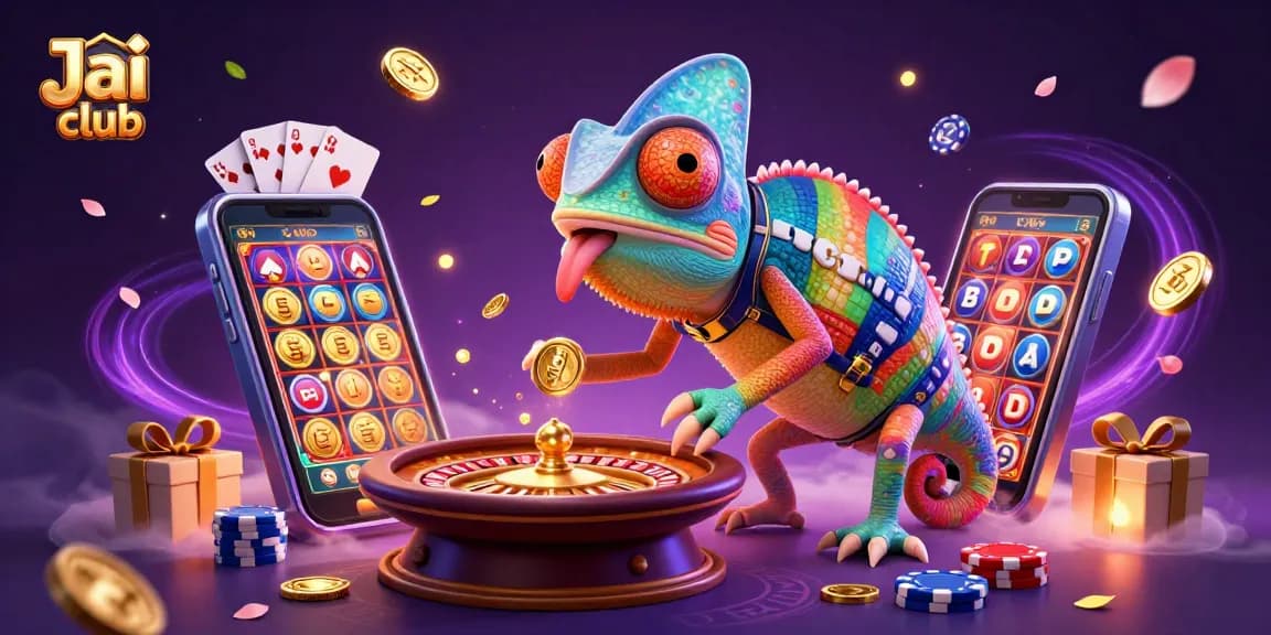 Play exciting casino games at Jai club with a vibrant chameleon casino owner illustration.