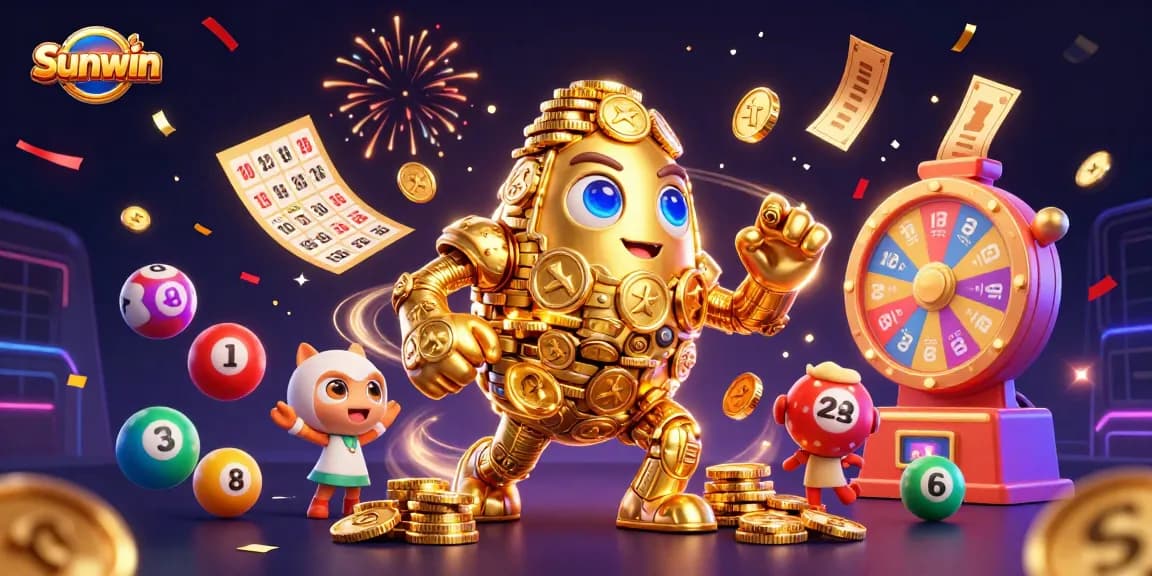 Sunwin jackpot celebration with a golden golem, colorful lottery balls, and dynamic casino elements.
