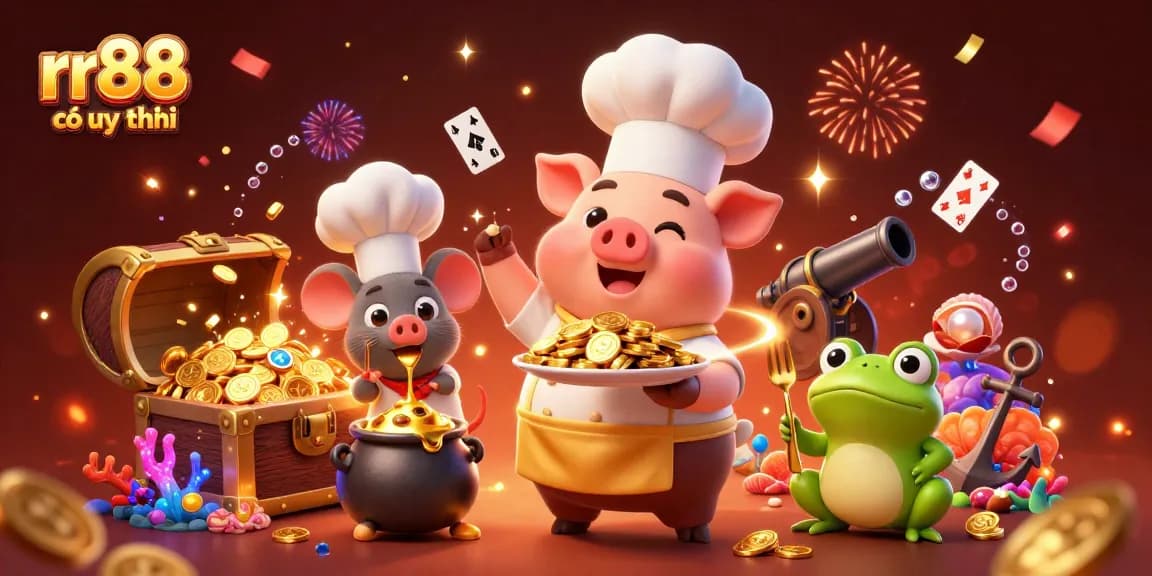Experience rr88 có uy tín with a chef pig serving gold coins in a vibrant casino-themed scene.