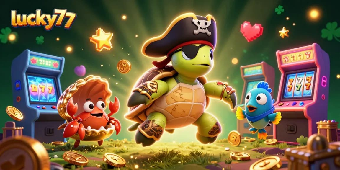 Spin reels with lucky77's vibrant pirate turtle and friends amidst casino treasures.