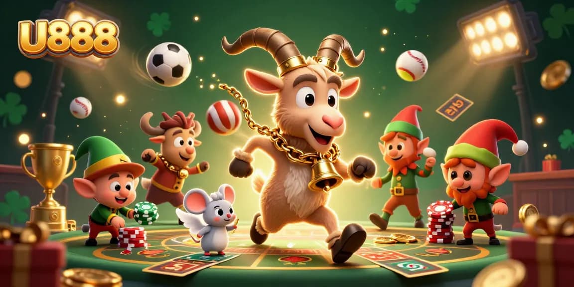 U888 showcases a festive casino scene with characters engaging in thrilling activities.