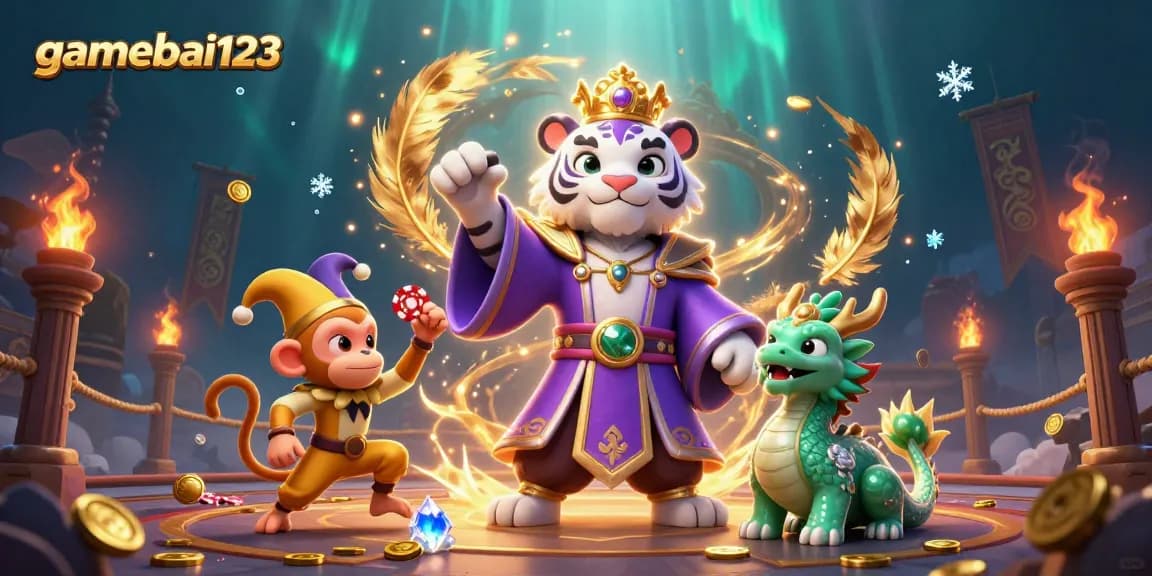 Experience dynamic poker action with gamebai123, featuring a white tiger, golden monkey, and jade dragon in a vibrant casino.