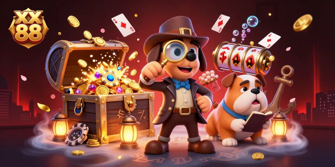 Experience xx 88 excitement with a cartoon detective uncovering poker chip treasures amidst vibrant casino elements.