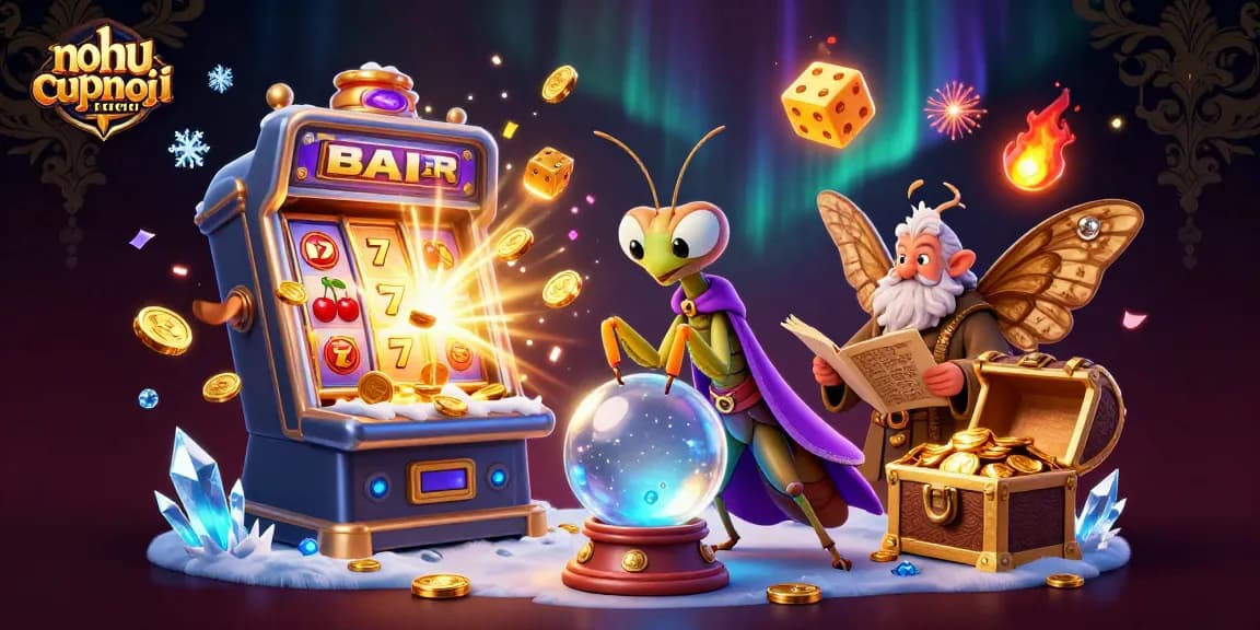 Nohu-cupthegioi depicts a lively casino scene with a praying mantis fortune teller and a wise moth librarian among dynamic gaming elements.
